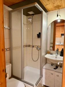 a bathroom with a shower and a sink at Charmant studio au centre de la station in Nendaz
