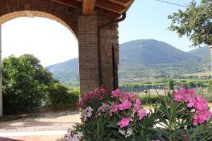 a building with pink flowers and mountains in the background at Giardino degli Ulivi in Caprino Veronese