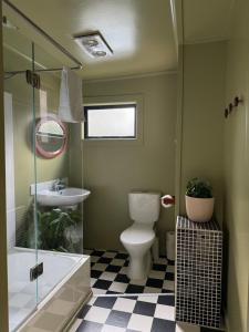 a bathroom with a toilet and a sink at Clive Cottage in Clive +8 photos
