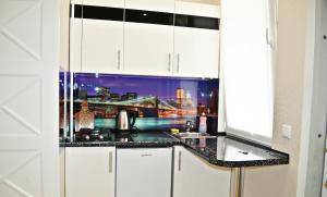 a kitchen with a view of a city skyline at Apartment on Sadovaya in Odesa