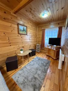 eine Blockhütte mit einem Wohnzimmer und einem Fernseher in der Unterkunft Alpine ski chalet Borovets with sauna in Borowez