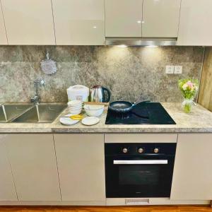Il comprend une cuisine équipée d'une cuisinière et d'un évier. dans l'établissement Amber Apt -Masteri WF -Ocean Park, à Hanoï