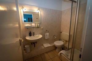a bathroom with a sink and a toilet and a mirror at Hotel Adler & Eventlocation GmbH in Itzehoe +24 photos