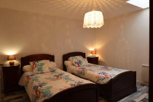 a bedroom with two beds and a chandelier at Les Poneys Fringants in Saint-Jean-des-Ollières