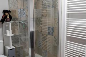 a bathroom with a shower with a glass door at site paradis rue colibri in Avignon +45 photos