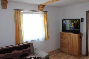 una sala de estar con TV en una cómoda de madera en Ferienhaus Grobauer en Schwarzenberg am Bohmerwald