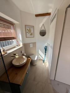 ノイシュタット・グレヴェにあるTiny Haus am Seeの洗面台とトイレ付きのバスルーム +13枚の写真