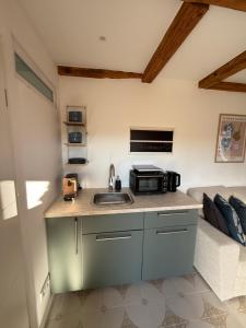 ノイシュタット・グレヴェにあるTiny Haus am Seeのシンクと電子レンジ付きのキッチン