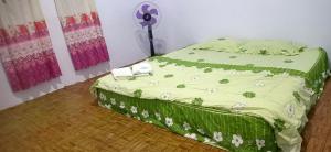 a bedroom with a bed with a green comforter and a fan at NATA homestay in Banggai