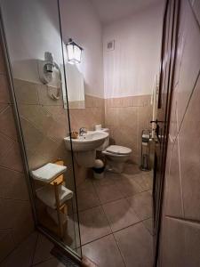 a bathroom with a toilet and a sink at Piazzetta Bacau in Bacău