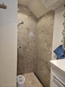 un baño con ducha y lavabo en UNIKT studio med PRAGTFULD udsigt og absolut RO, en Frederikshavn
