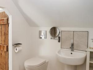 a white bathroom with a toilet and a mirror at The Workshop in Tavistock +20 photos