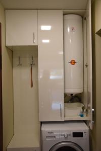 a kitchen with a washing machine and a white cabinet at Zlati`s house 1 in Sofia +15 photos