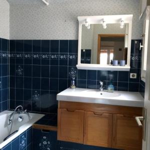 bagno piastrellato blu con lavandino e specchio di Appartement au cœur des Cévennes ad Avèze