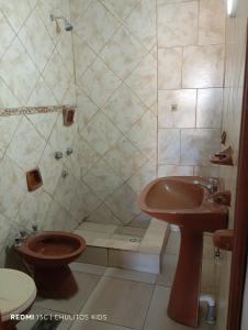 a bathroom with a toilet and a sink and a shower at El descanso in San Pedro