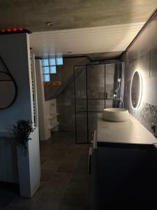 a bathroom with a sink and a glass shower at Secret Factory & Spa in Soultz-Haut-Rhin