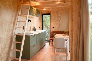 a tiny house with a ladder in a kitchen at Backyard Camps in Bjerkreim +75 photos