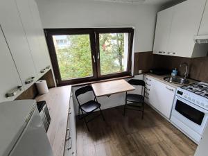 a kitchen with a table and chairs and a window at Mieszkanie 41 in Częstochowa +8 photos