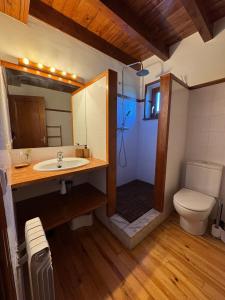 a bathroom with a sink and a shower with a toilet at Casa Muntanya EL Vilar Fontanals de Cerdanya in Urtx