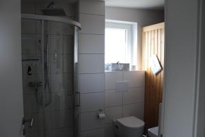 a bathroom with a toilet and a shower and a window at Ferienhaus Traummomente in Stick +14 photos