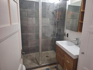 トノン・レ・バンにあるAppartement de charme au cœur de Thononのシャワーと洗面台付きのバスルーム +18枚の写真