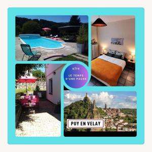 un collage di foto di un hotel con piscina di Gîte "Le temps d'une pause" terrasse et piscine a Coubon