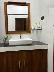 a bathroom with a sink and a mirror at Riverston Water Front Villa in Rattota