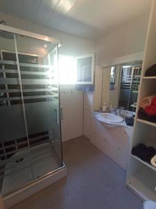 a bathroom with a glass shower and a sink at Villa Bel Air in Saint-Étienne-les-Orgues