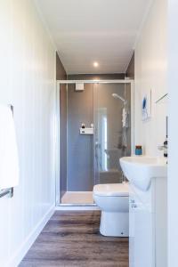 a bathroom with a shower and a toilet and a sink at South Black Hill in Penicuik +22 photos