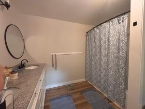 a bathroom with a sink and a shower curtain at Farmhouse by Ricketts Glen in Benton +50 photos