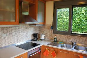 a kitchen with wooden cabinets and a sink and two windows at Ixia Beach in Ialyssos