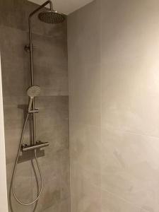 a shower with a shower head in a bathroom at Weidezicht Soest rust en natuur in Soest