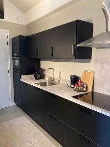 a kitchen with black cabinets and a sink at Weidezicht Soest rust en natuur in Soest +22 photos