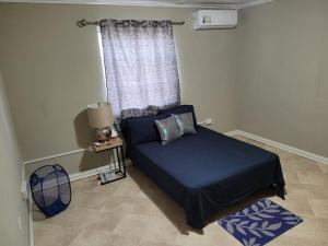 a bedroom with a blue bed and a window at Ambridge in Saint Michael