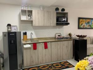 a small kitchen with a sink and a refrigerator at Descansa en el Mejor Club Residencial de Cartago in Cartago