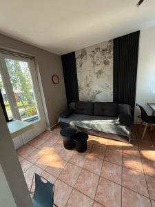 a living room with a couch and a window at Appartement cosy-parking et jardin privé in Wattignies +4 photos