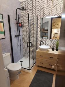 a bathroom with a shower and a toilet and a sink at La bóveda in Zafra