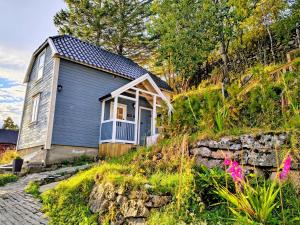 a small blue house on the side of a hill at The Perfect Stop - Pinewood Loft in Lødingen