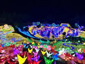 a group of colorful kites in a park at night at 風薫る宿 伊豆星の舞 in Ito