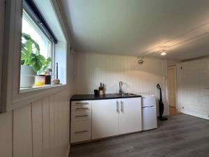 a kitchen with white cabinets and a sink and a window at Basement apartment in beautiful Volda in Volda +8 photos