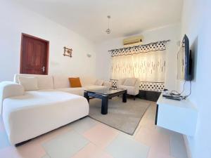 a living room with a white couch and a tv at Romo appart 1 in Cotonou