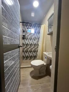 a bathroom with a toilet and a sink and a shower at A pasos del mar y centro de Puerto Colombia in Puerto Colombia