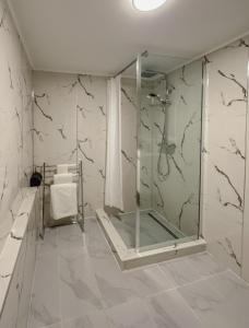 ブダペストにあるBoulevard Five Apartments near Andrássy Avenueのバスルーム(シャワー、ガラス張りのシャワーブース付)