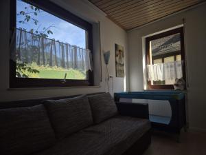 a living room with a couch and a large window at Ferienhaus Sofia in Cochem