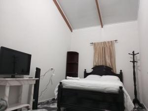 a bedroom with a bed and a tv and a cross at The cabin in La Esperanza, Intibúca in Intibucá