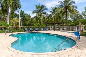 a swimming pool with chairs and palm trees at Hampton Inn and Suites Coconut Creek in West Dixie Bend