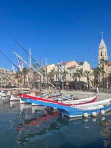 eine Gruppe von Booten liegt in einem Hafen vor Anker in der Unterkunft Haut de villa - 5 min du port, terrasse, parking gratuit in Sanary-sur-Mer