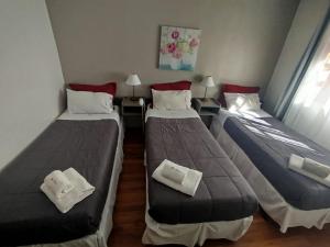 two twin beds in a room with two lamps at Hostal malvinas in Ushuaia