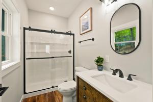 a bathroom with a toilet and a sink and a mirror at New The Chaletresorthot Tubgameroomfirepit in Massanutten +72 photos