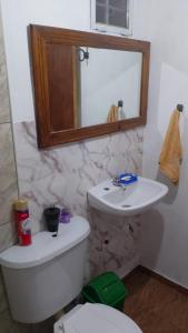 a bathroom with a toilet and a sink and a mirror at Cabaña Piedra Blanca in San Rafael +14 photos